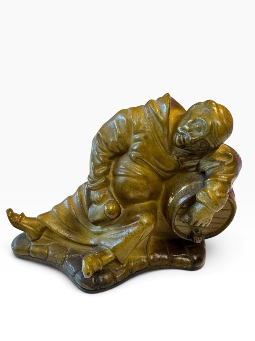 Vintage Reclining Monk with Wine Barrel Figurine, Amber Glazed Ceramic, MCM